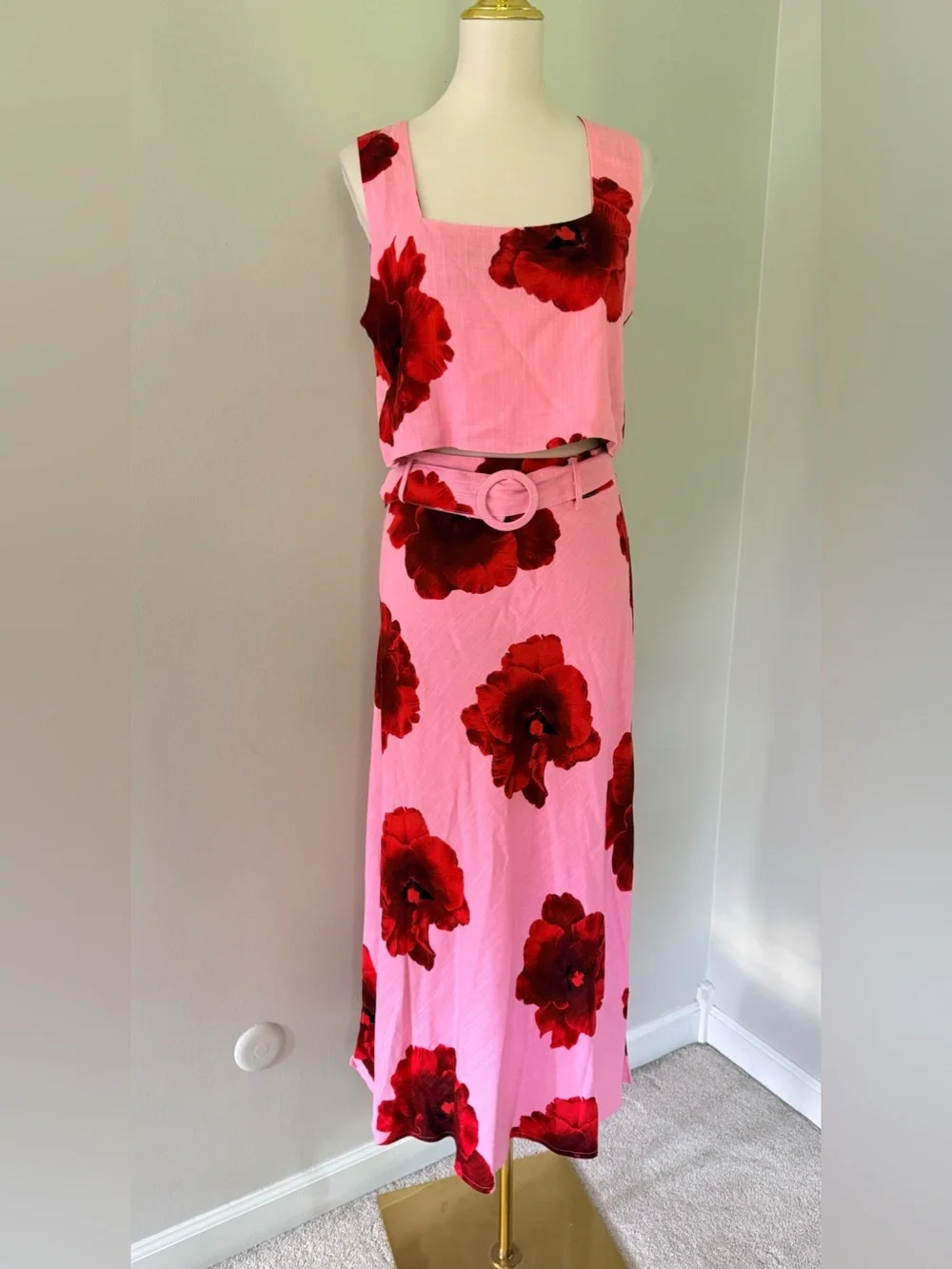 NWT Paper Heart Australia Pink Floral Linen Blend 2-Piece Midi Skirt Set M